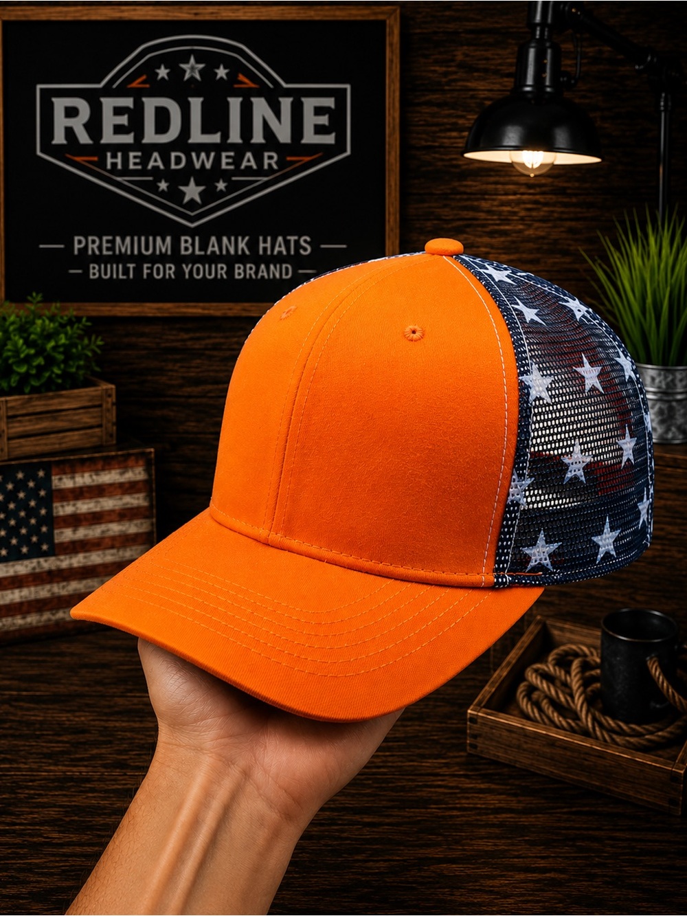 Orange Tactical Operator Trucker Hat | American Flag Mesh Snapback Cap